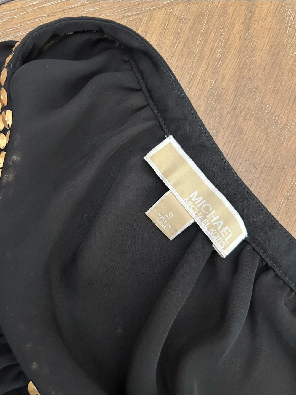 Michael Kors Black Sheer Long-Sleeve Blouse with Gold Bead Trim